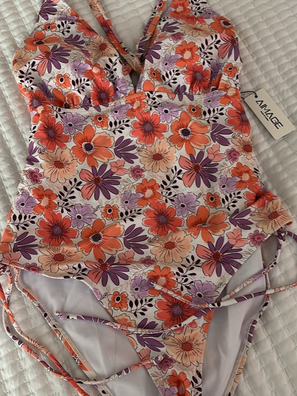 Floral One-Piece Swimsuit in Orange, Purple & Cream